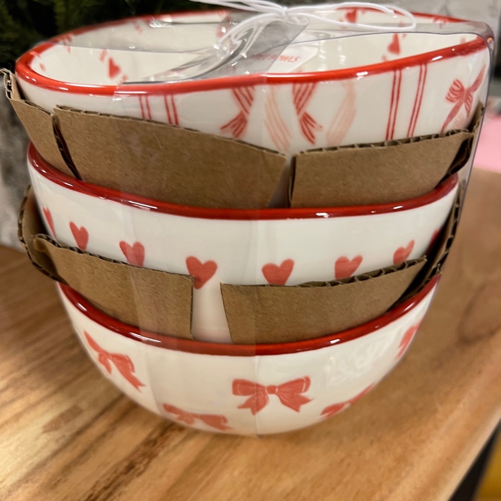 Valentine’s Day Bows Ribbon & Hearts Charcuterie Snack/Dip Bowls  Set of 3 NWT
